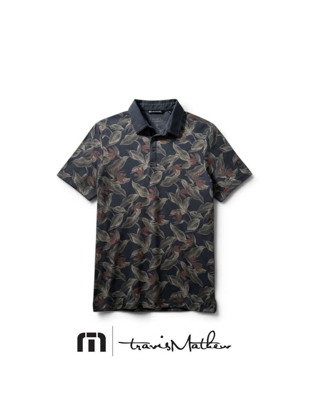 Travis Mathew Black Leaf-Print Polo with Muted Olive and Brown Accents